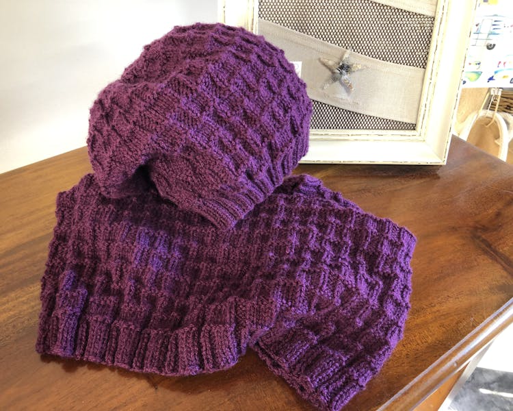Hand Knitted slouch beanie and cowl set.