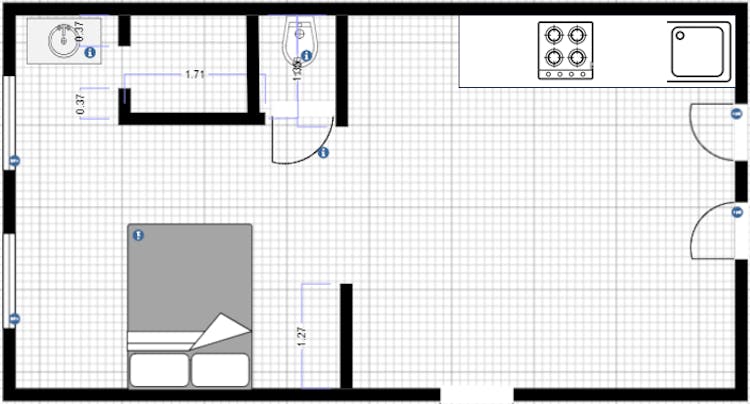 The Apple Studio floor plan showing the layout for this 40 sqm apartment with direct garden access