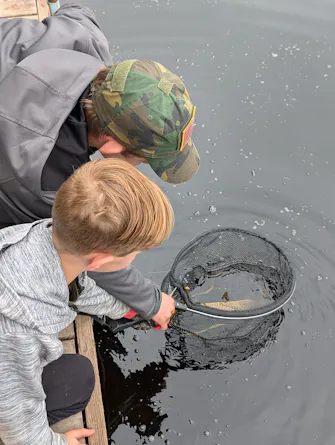 two boys pulling a fish out of the water in a net