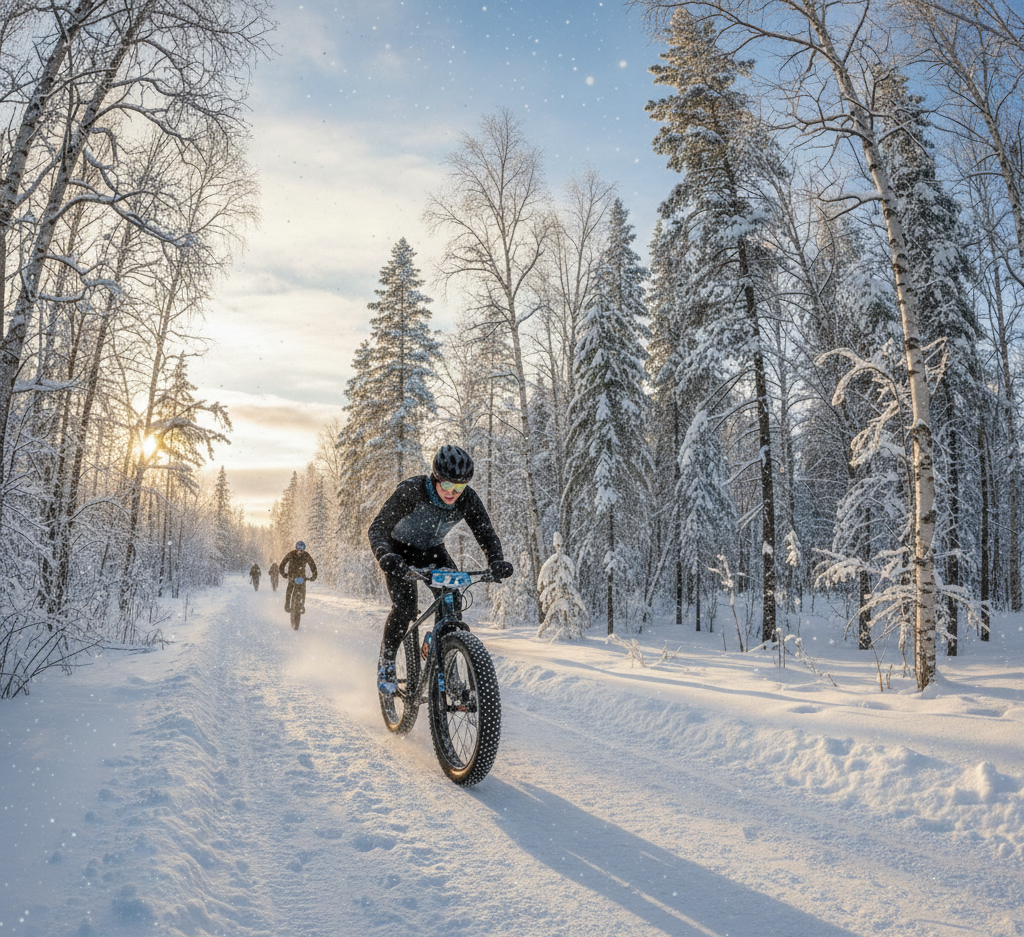 picture of cyclist riding fat tire bike through snowy forest