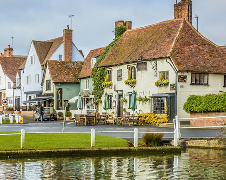 The pretty village centre in Finchingfield is a by the meandering Finchingfield brook