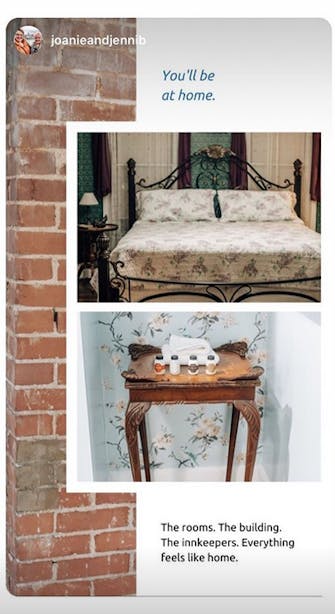 Collage of photos including a bed, blue floral wallpaper and a small wooden table