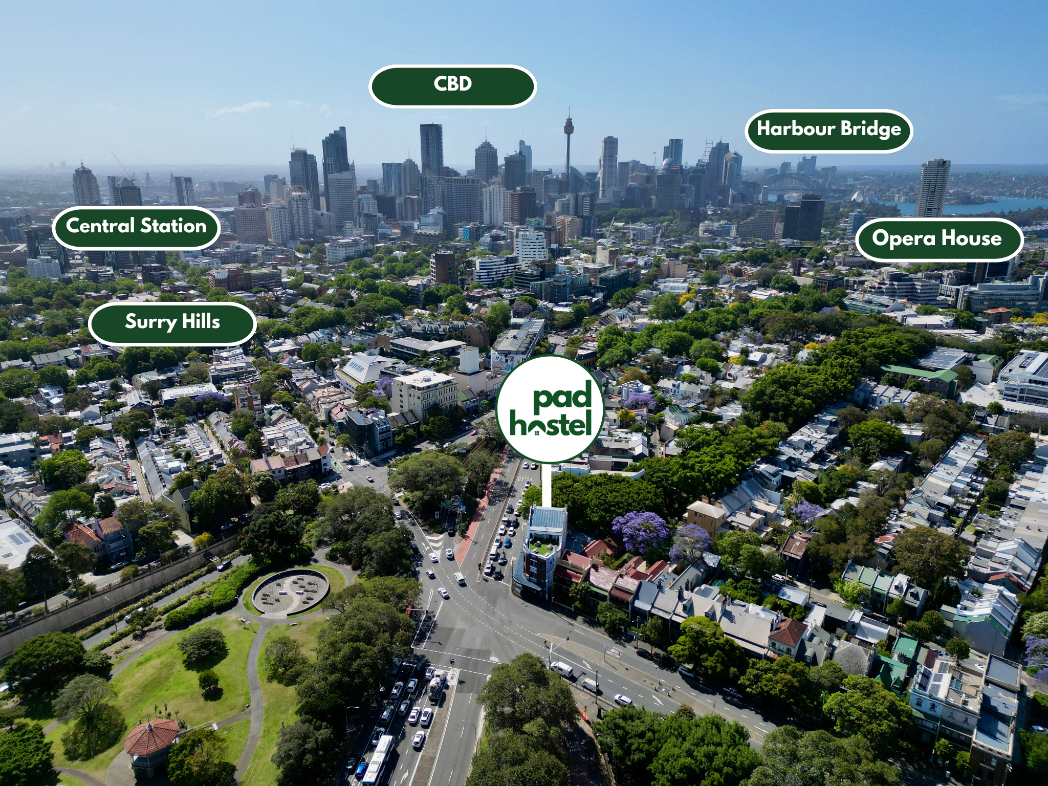 Pad hostel distance to attractions: Sydney CBD, Central Station, Surry Hills, Opera House, Sydney Harbour Bridge.