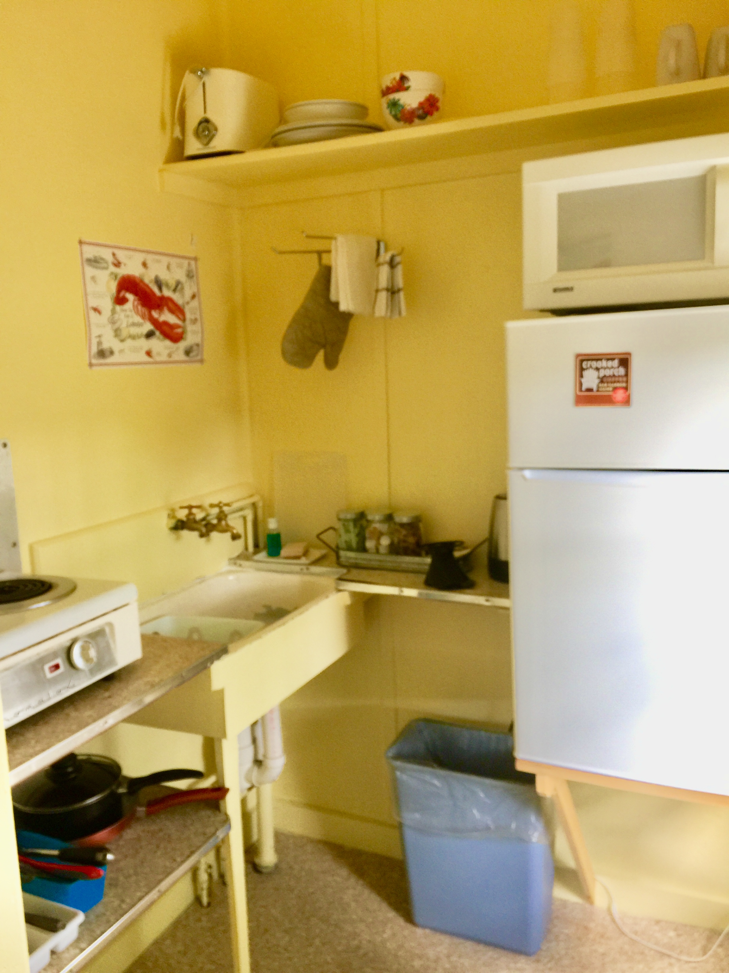 A small kitchenette with yellow walls, a compact refrigerator, microwave, and sink.