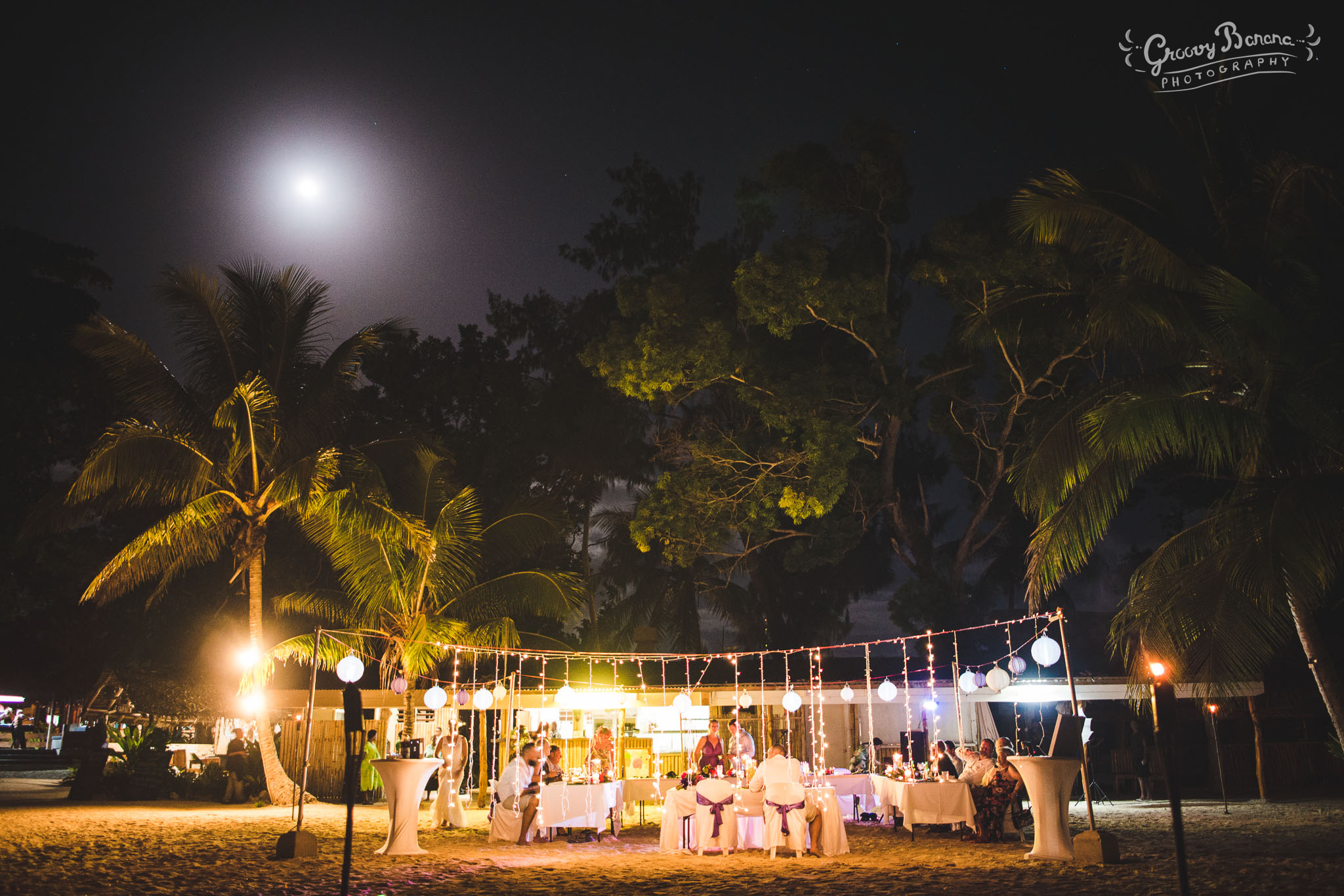 Beach wedding reception with fairylight #erakorbeachweddings #weddingreceptionthebeachsouthpacific