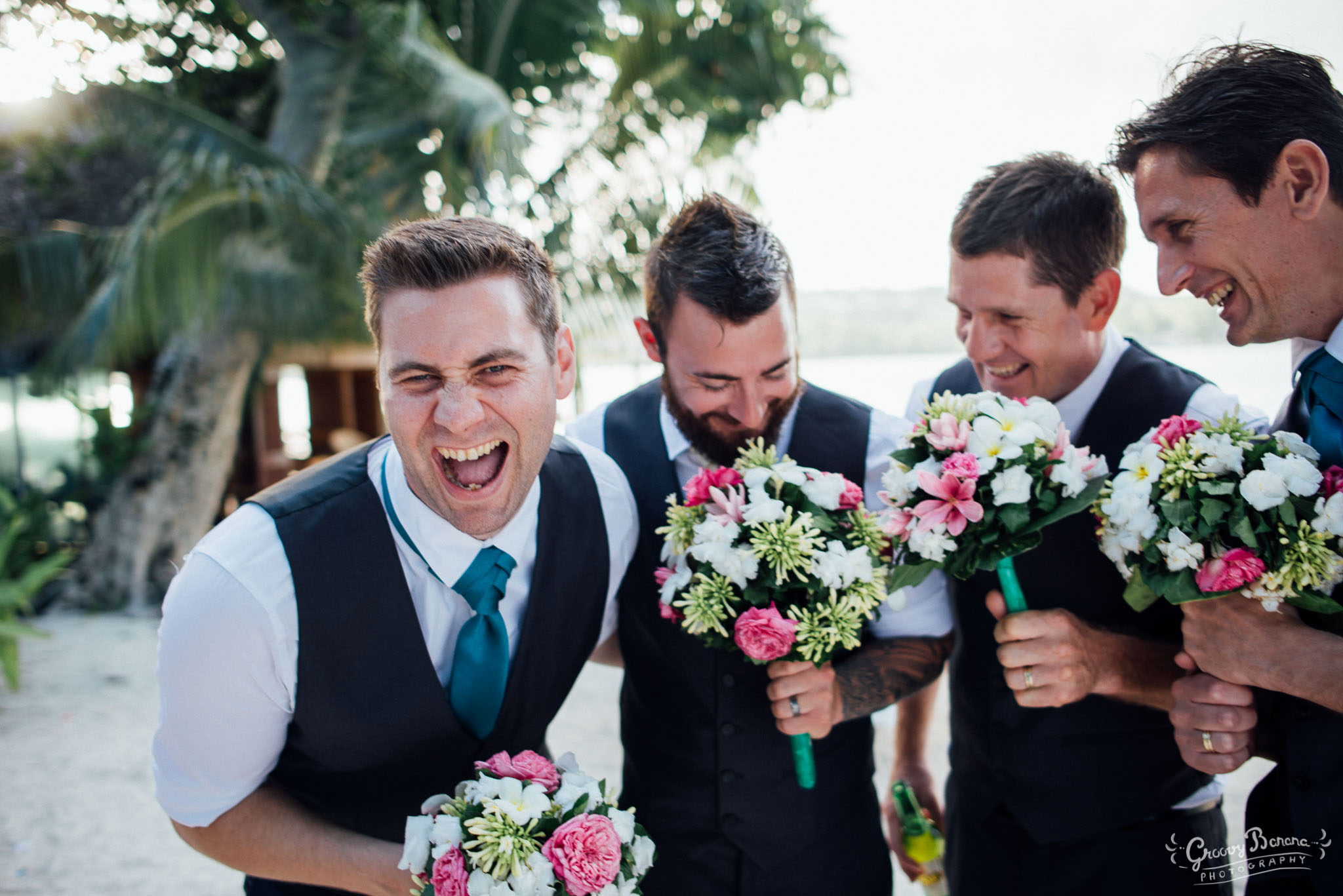 Tropical bouquets - who said they were just for the girls? #erakorbeachweddings #weddingceremonyonthebeachsouthpacific