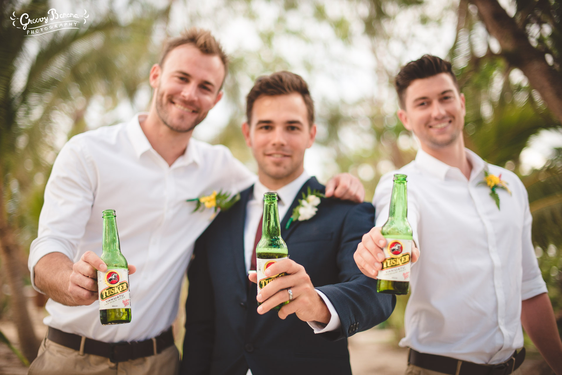 Groom & Groomsman with Tusker beer. erakor island resort Vanuatu tourism