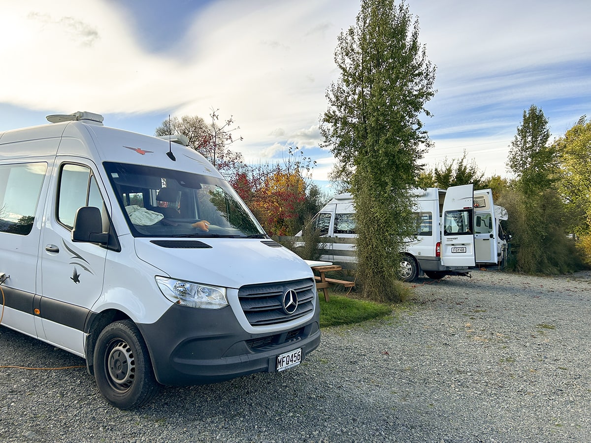 Campervan parking with trees and shrubs at Musterer's Accommodation, Fairlie.