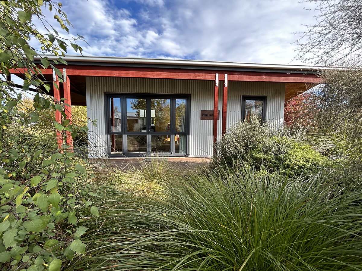 A rustic-modern cabin with covered porch at Musterer's Accommodation, Fairlie.