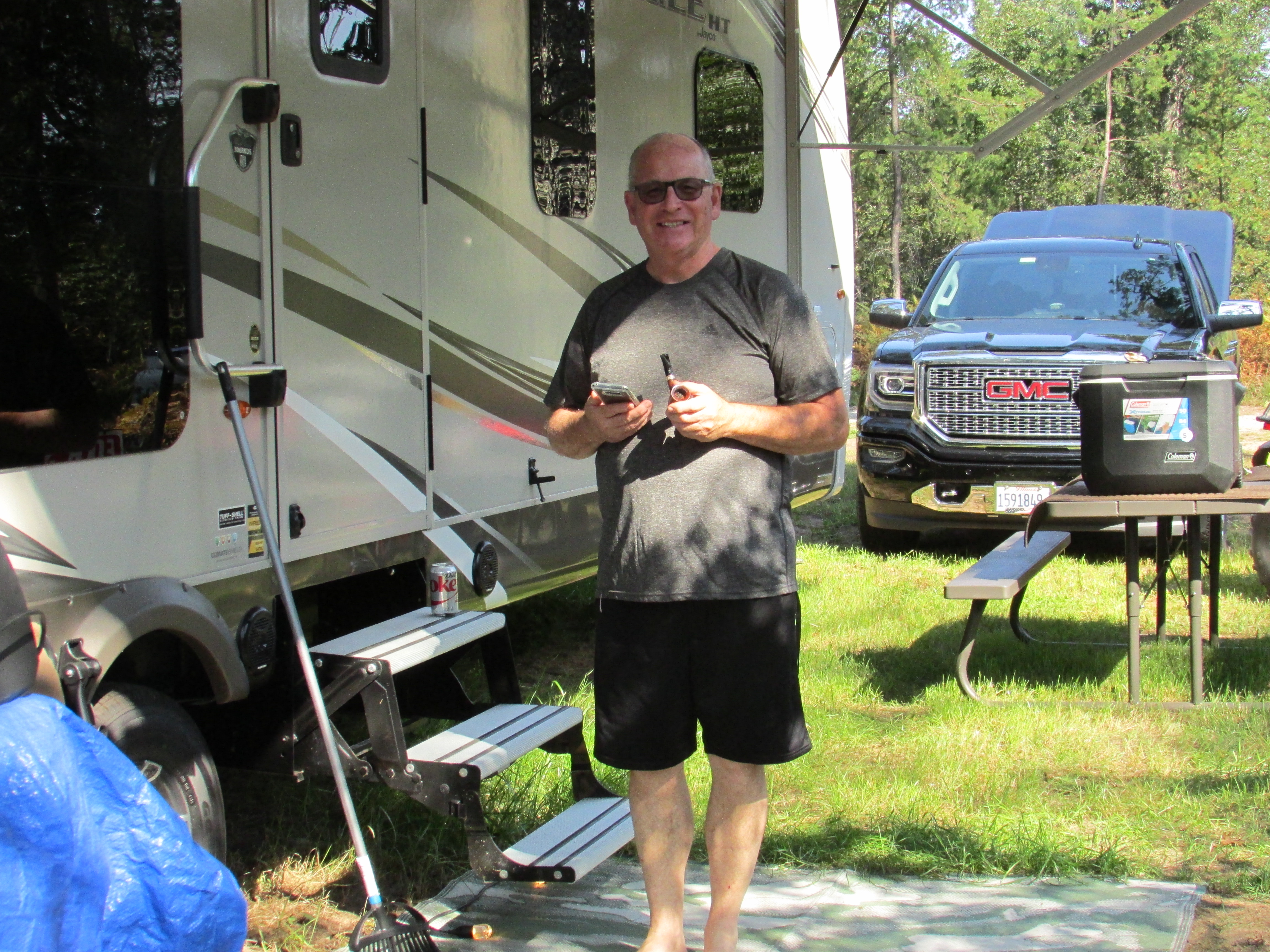 Bob enjoying our RV Park at Best Bear Lodge & Campground Irons, Michigan