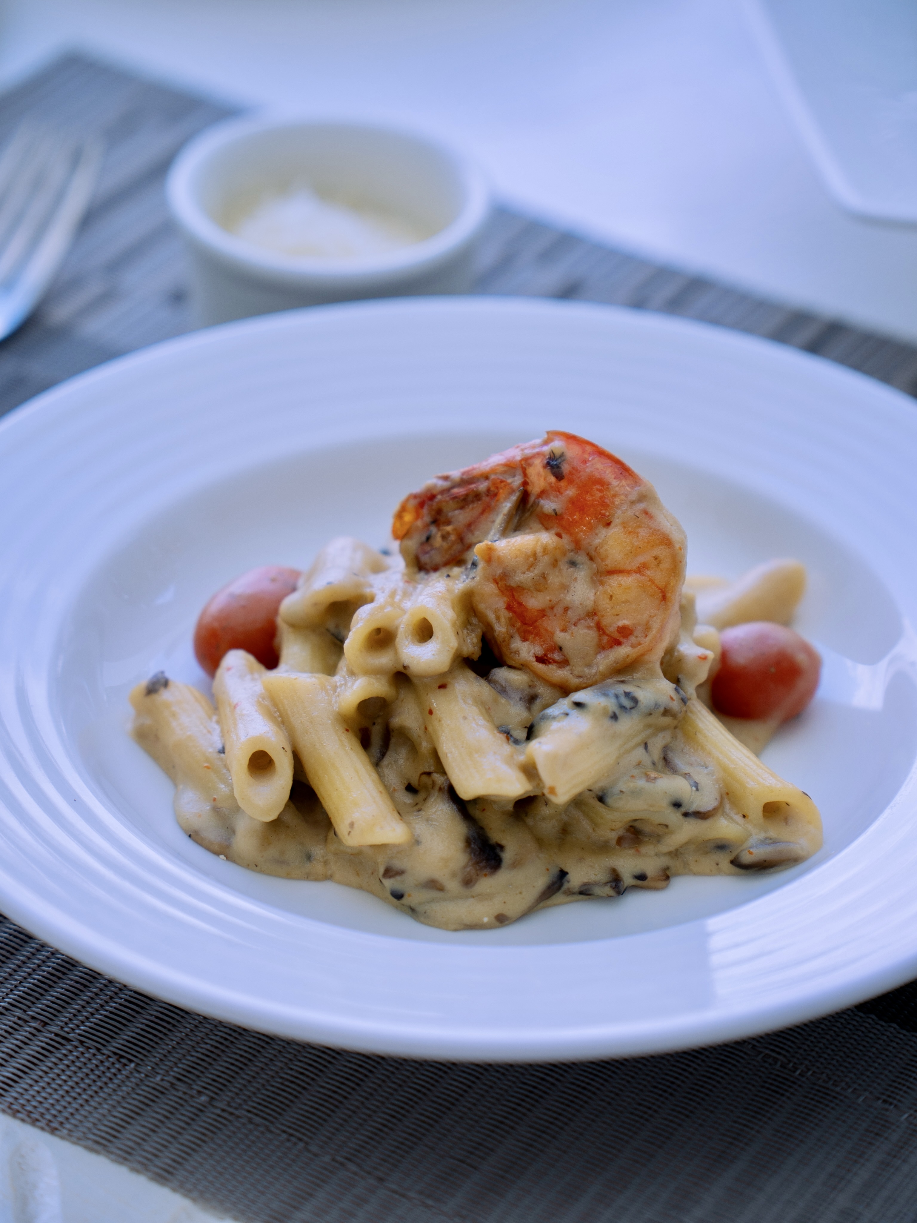 Prawns and pasta served at Zahari Oceanfront's Oceanview Restaurant