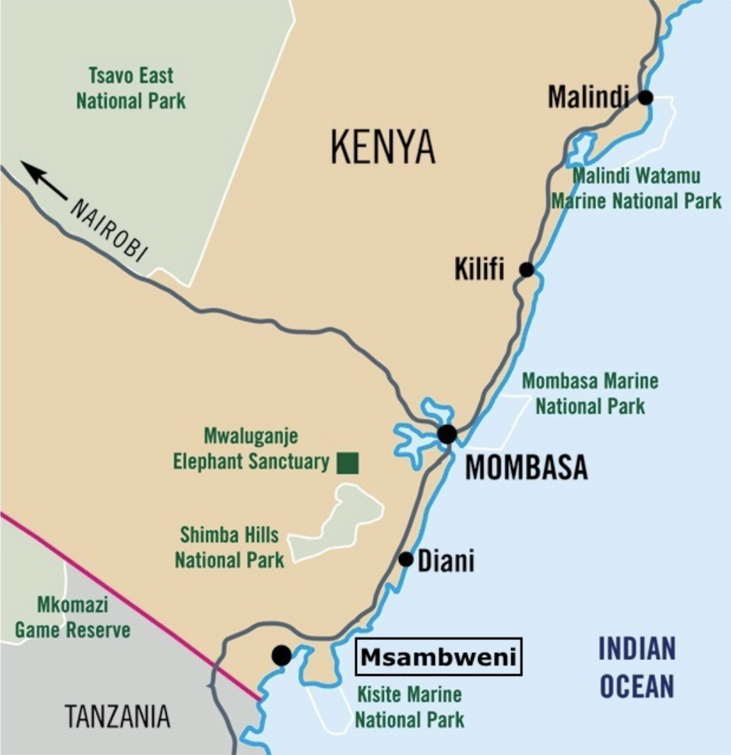 Map showing Msambweni and Zahari Oceanfront on Kenya's South Coast
