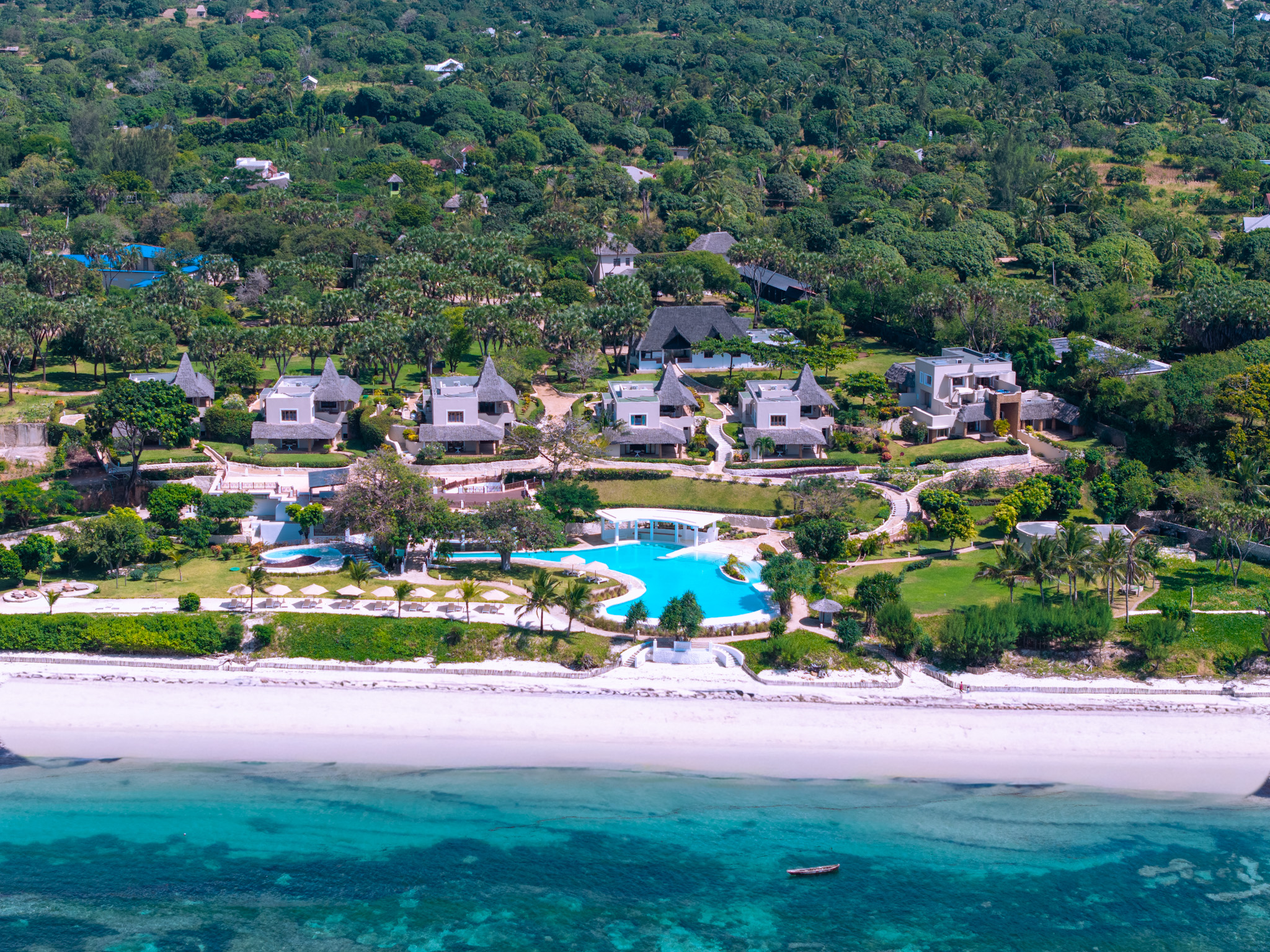 Aerial view of Zahari Oceanfront on the beachfront in Msambweni, Kenya