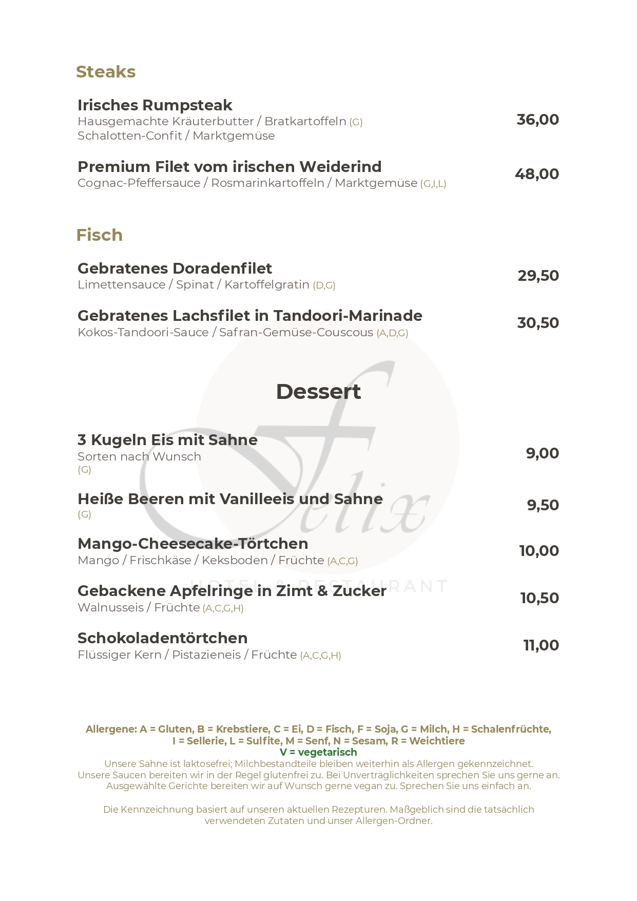 Hotel Restaurant Felix Bensheim speisekarte mittagstisch abendessen