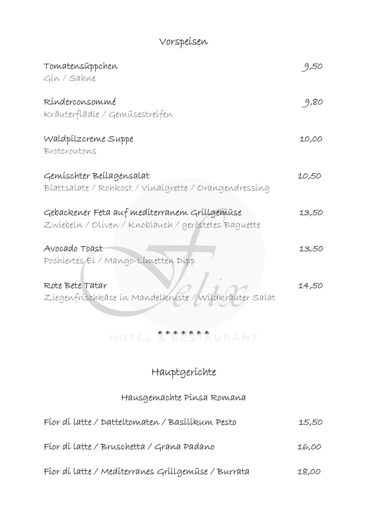 Hotel Restaurant Felix Bensheim speisekarte mittagstisch abendessen