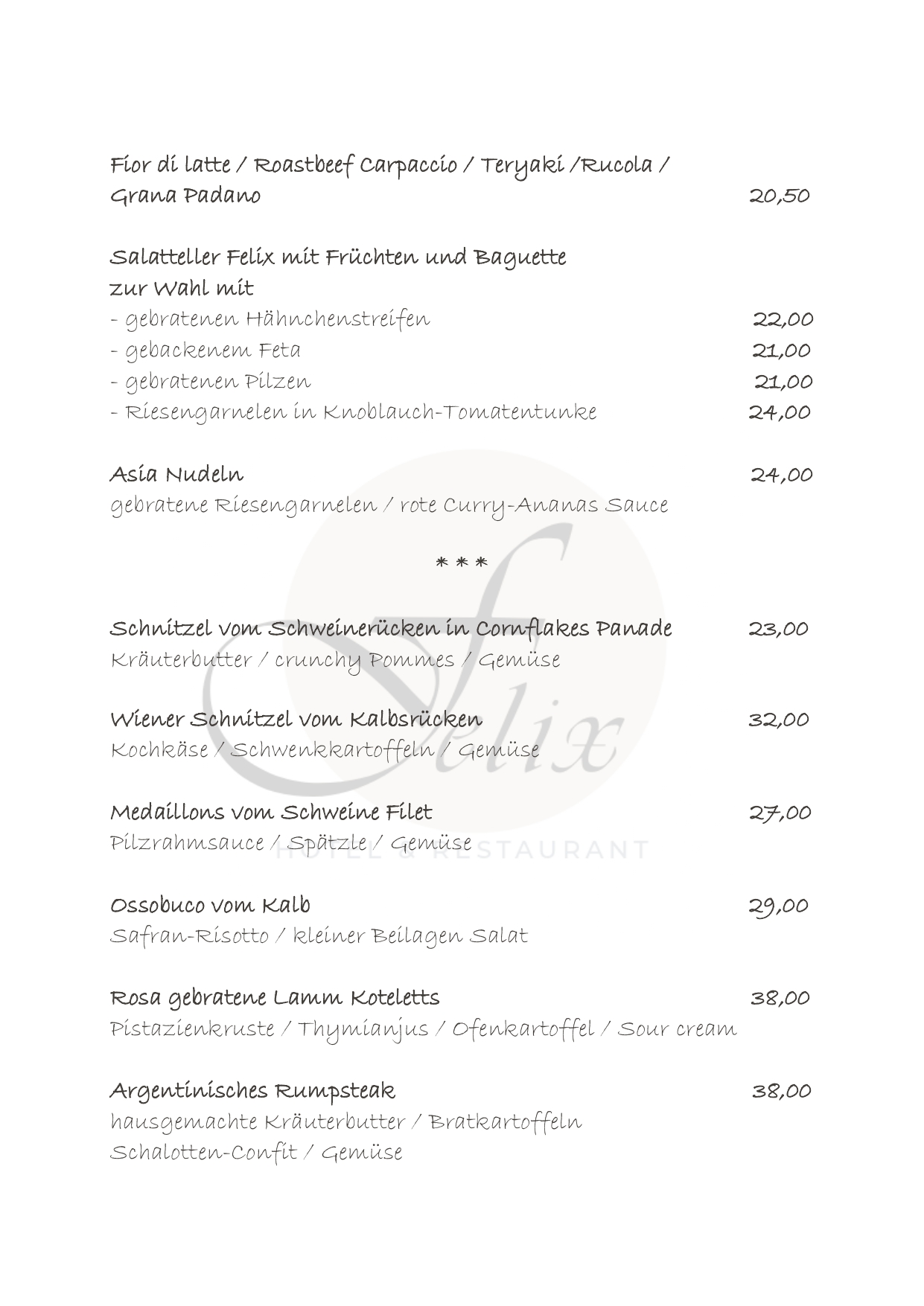 Hotel Restaurant Felix Bensheim speisekarte mittagstisch abendessen