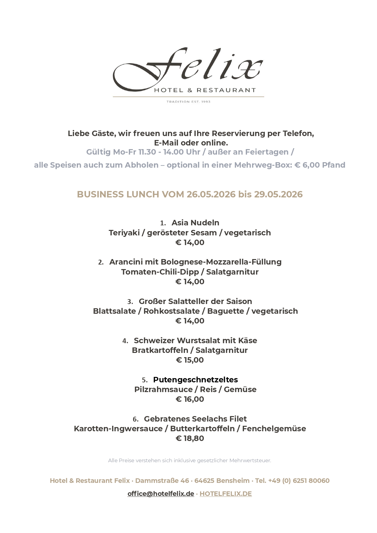 hotel felix restaurant bensheim business lunch mittagstisch speisekarte