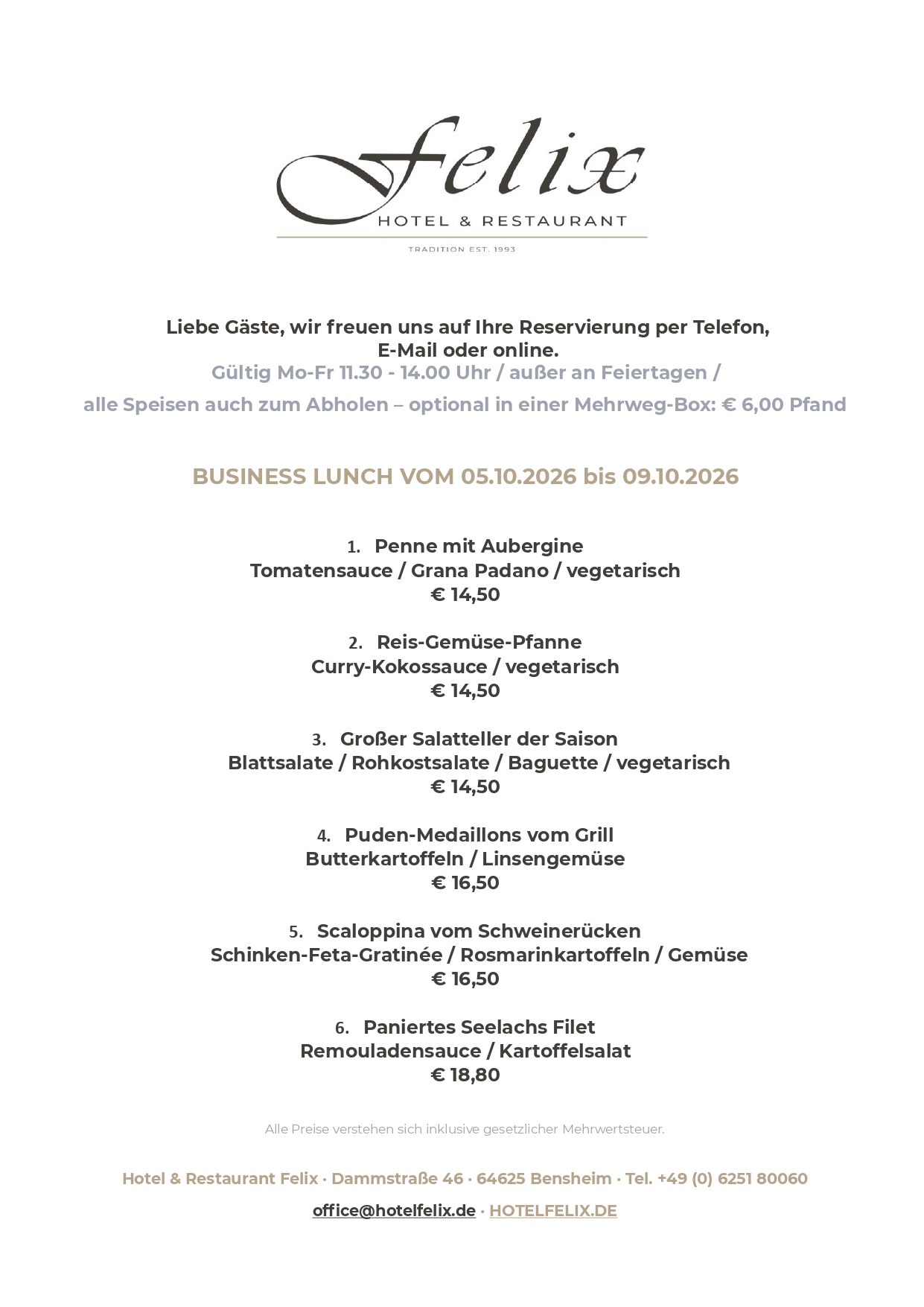 hotel felix restaurant bensheim business lunch mittagstisch speisekarte