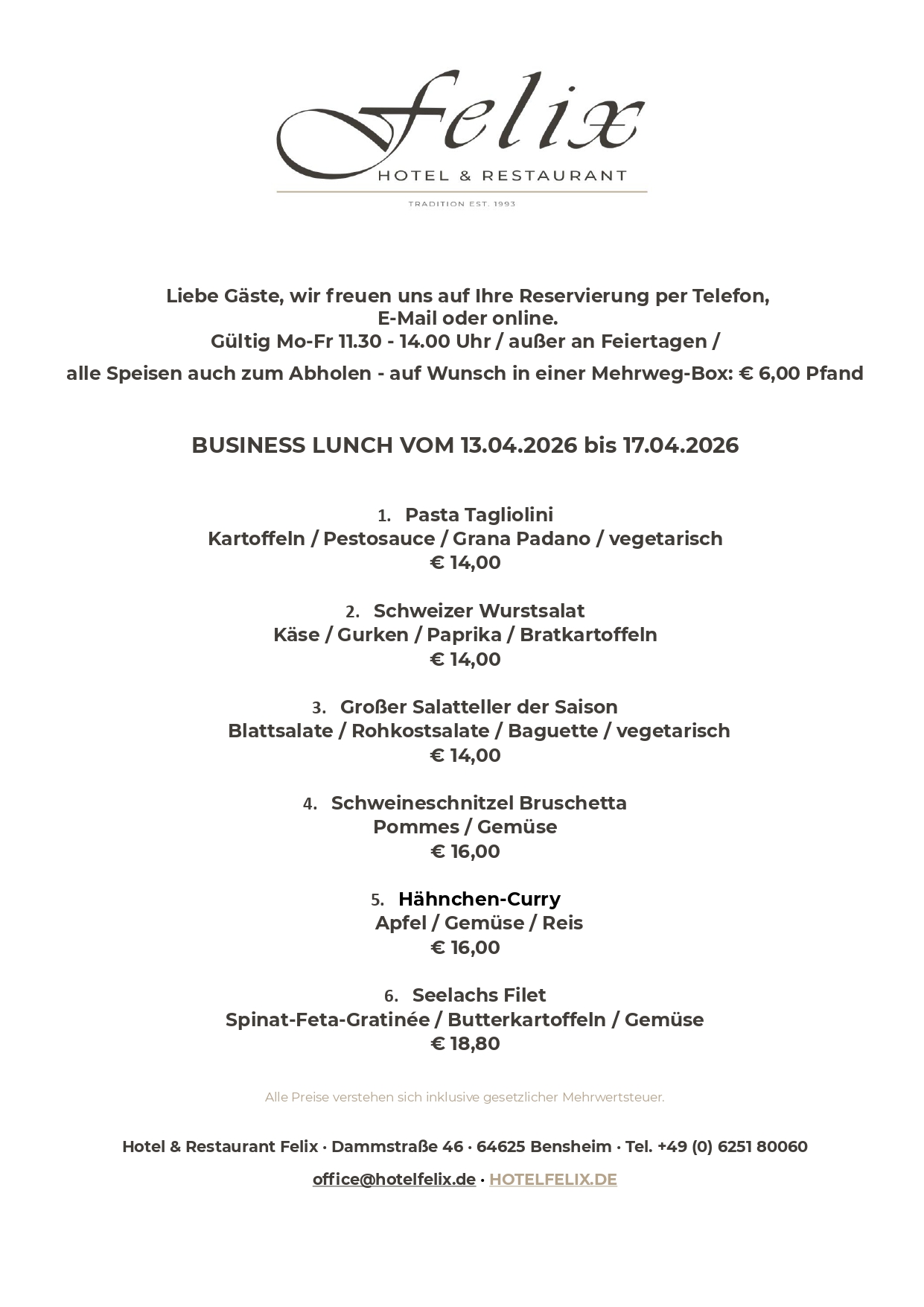 hotel felix restaurant bensheim business lunch mittagstisch speisekarte