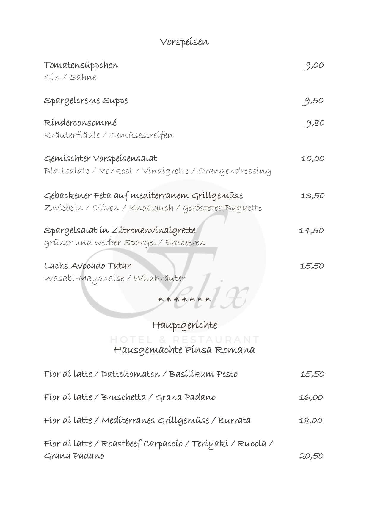 Hotel Restaurant Felix Bensheim speisekarte mittagstisch abendessen