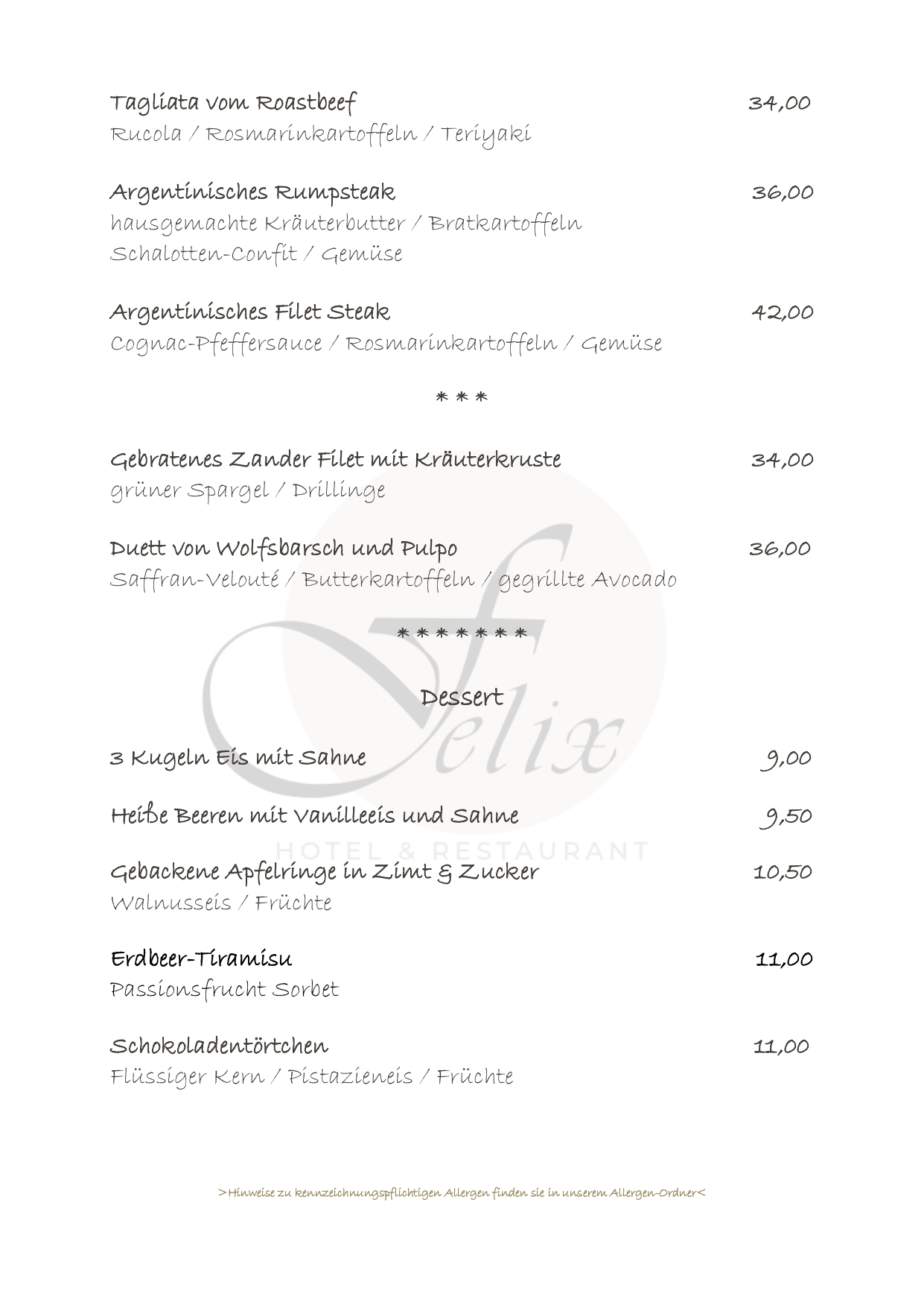 Hotel Restaurant Felix Bensheim speisekarte mittagstisch abendessen