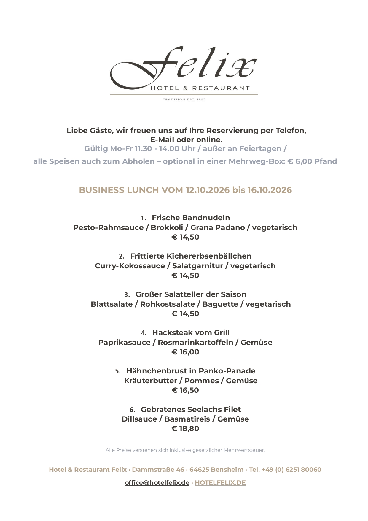 hotel felix restaurant bensheim business lunch mittagstisch speisekarte