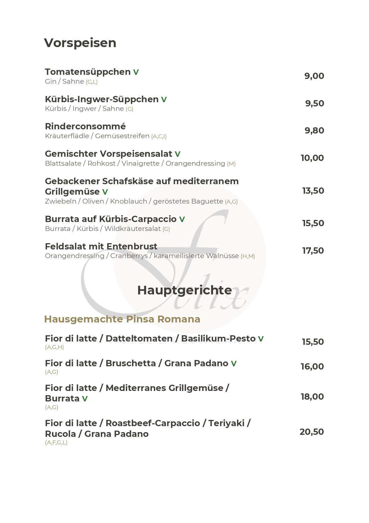Hotel Restaurant Felix Bensheim speisekarte mittagstisch abendessen