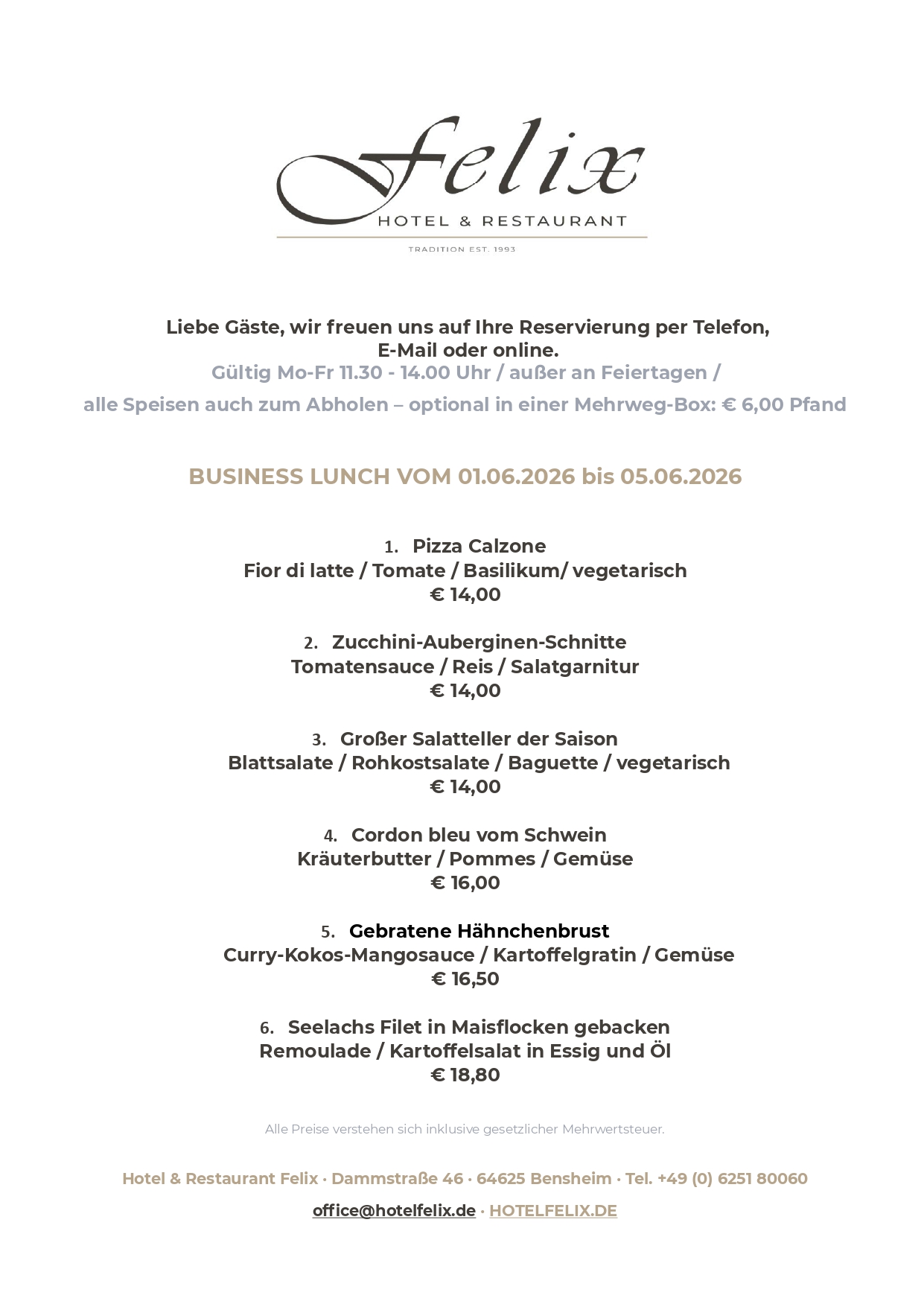 hotel felix restaurant bensheim business lunch mittagstisch speisekarte