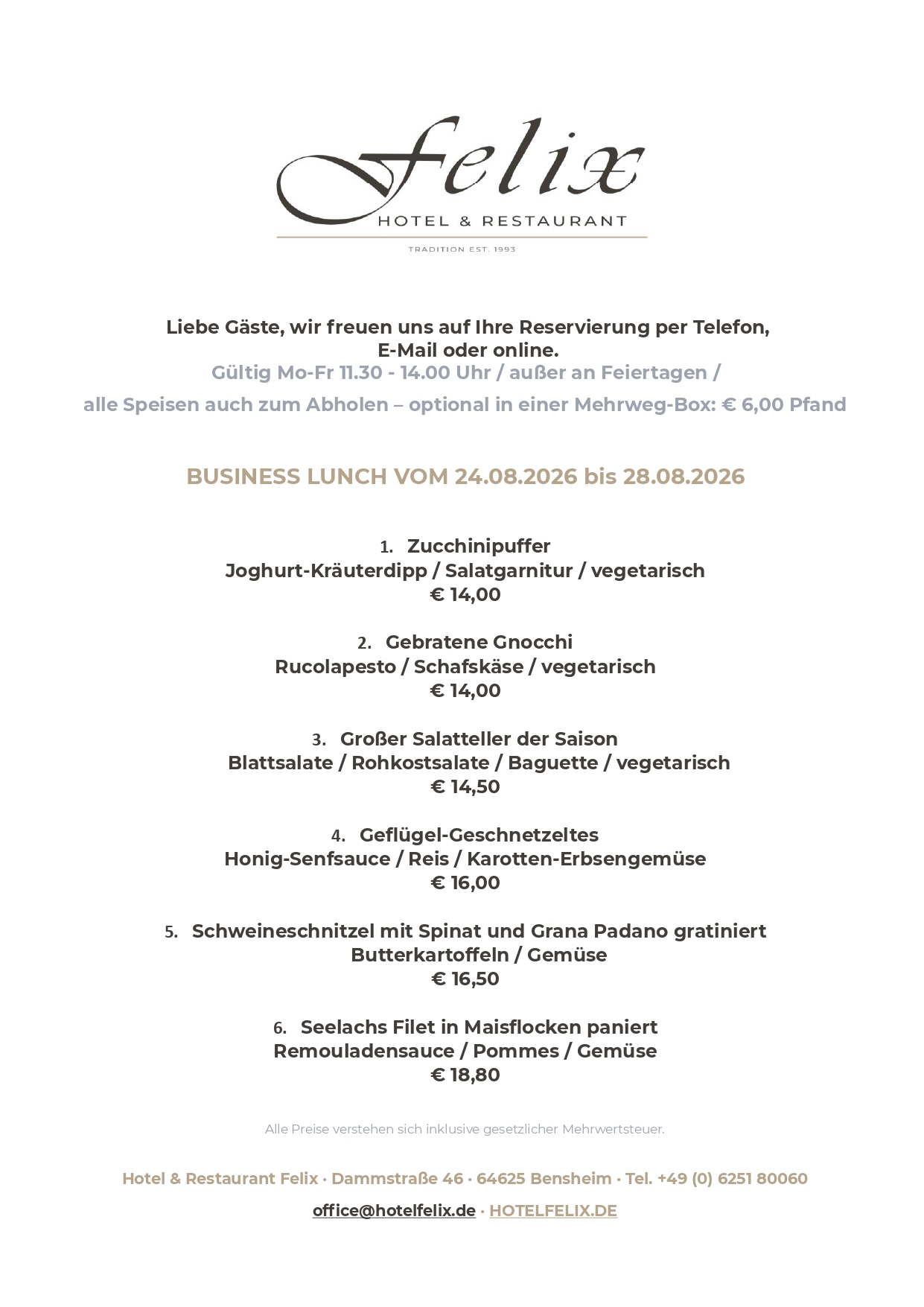 hotel felix restaurant bensheim business lunch mittagstisch speisekarte