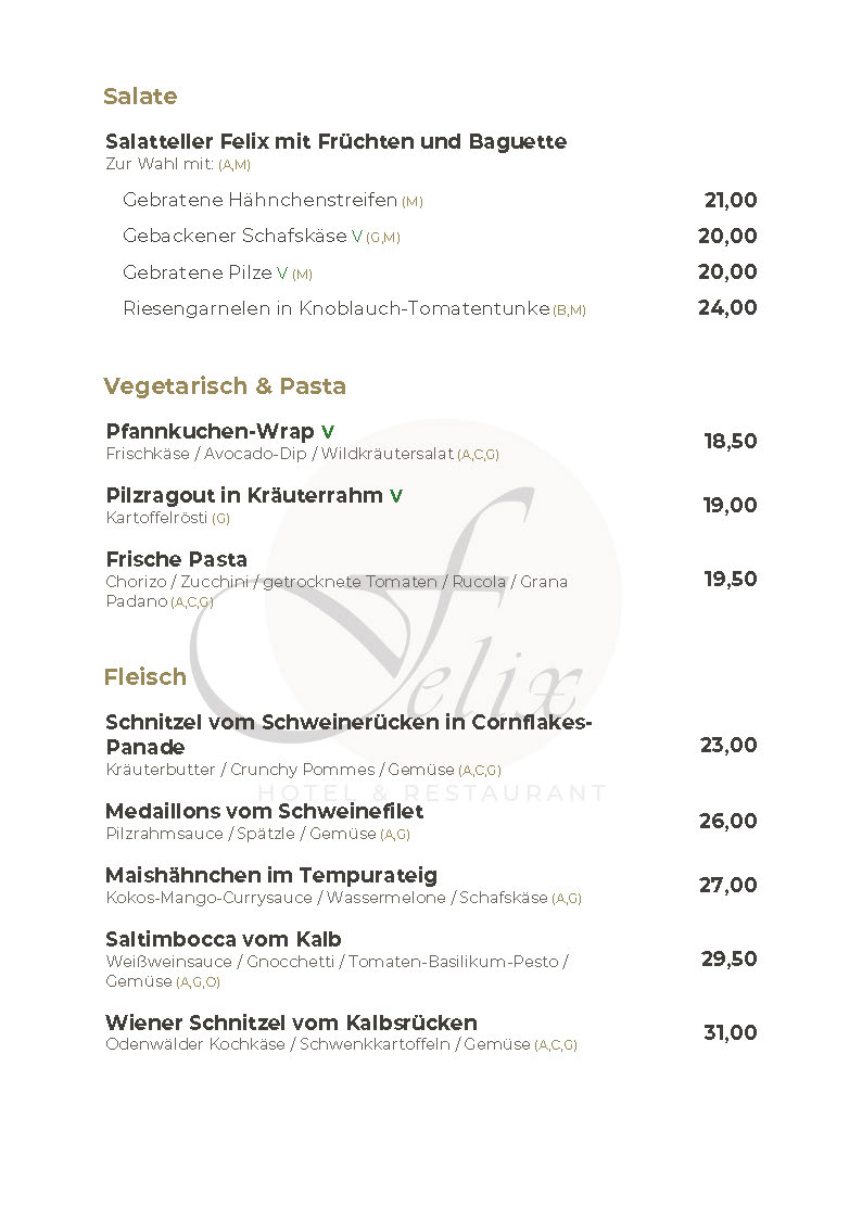 Hotel Restaurant Felix Bensheim speisekarte mittagstisch abendessen