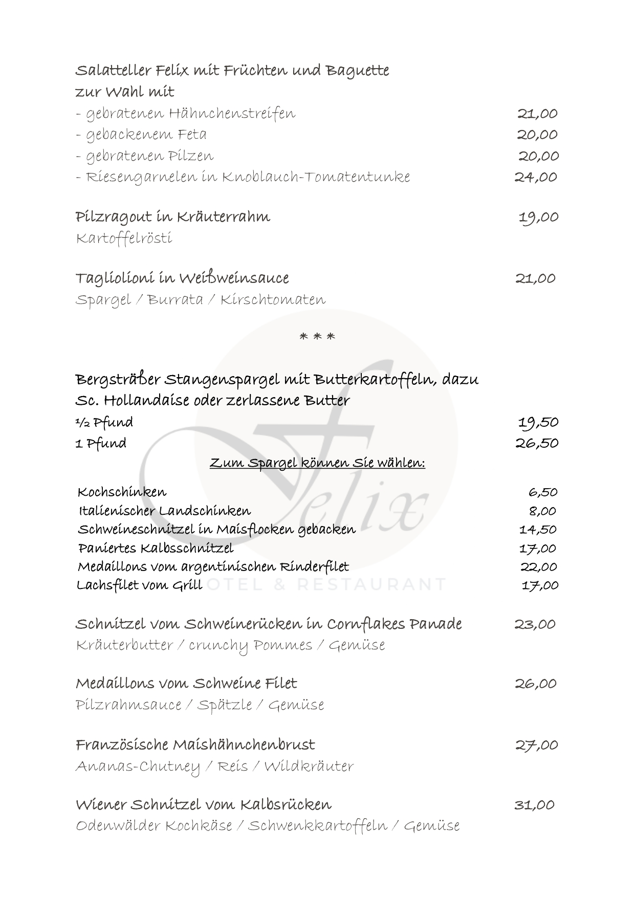 Hotel Restaurant Felix Bensheim speisekarte mittagstisch abendessen