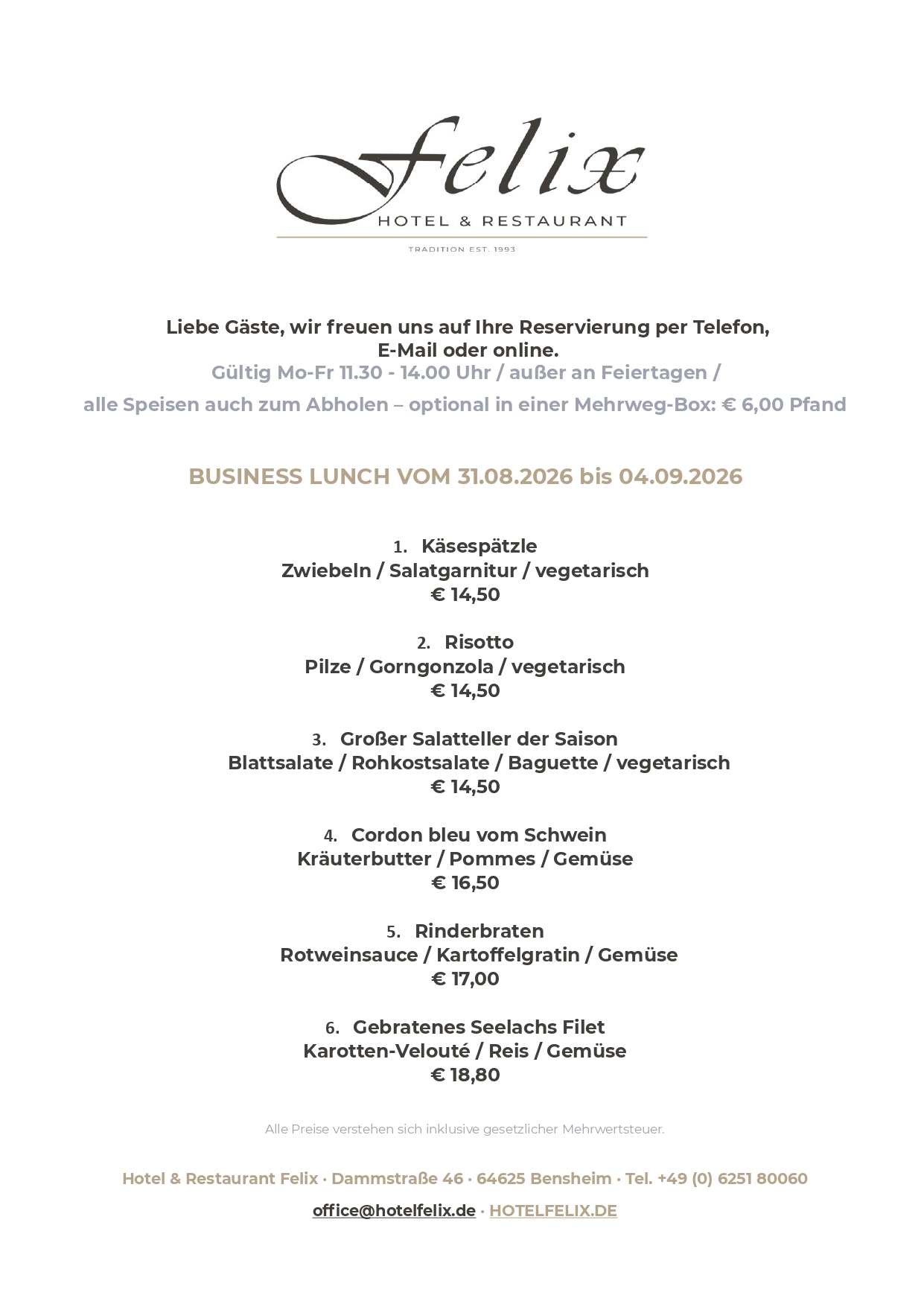 hotel felix restaurant bensheim business lunch mittagstisch speisekarte