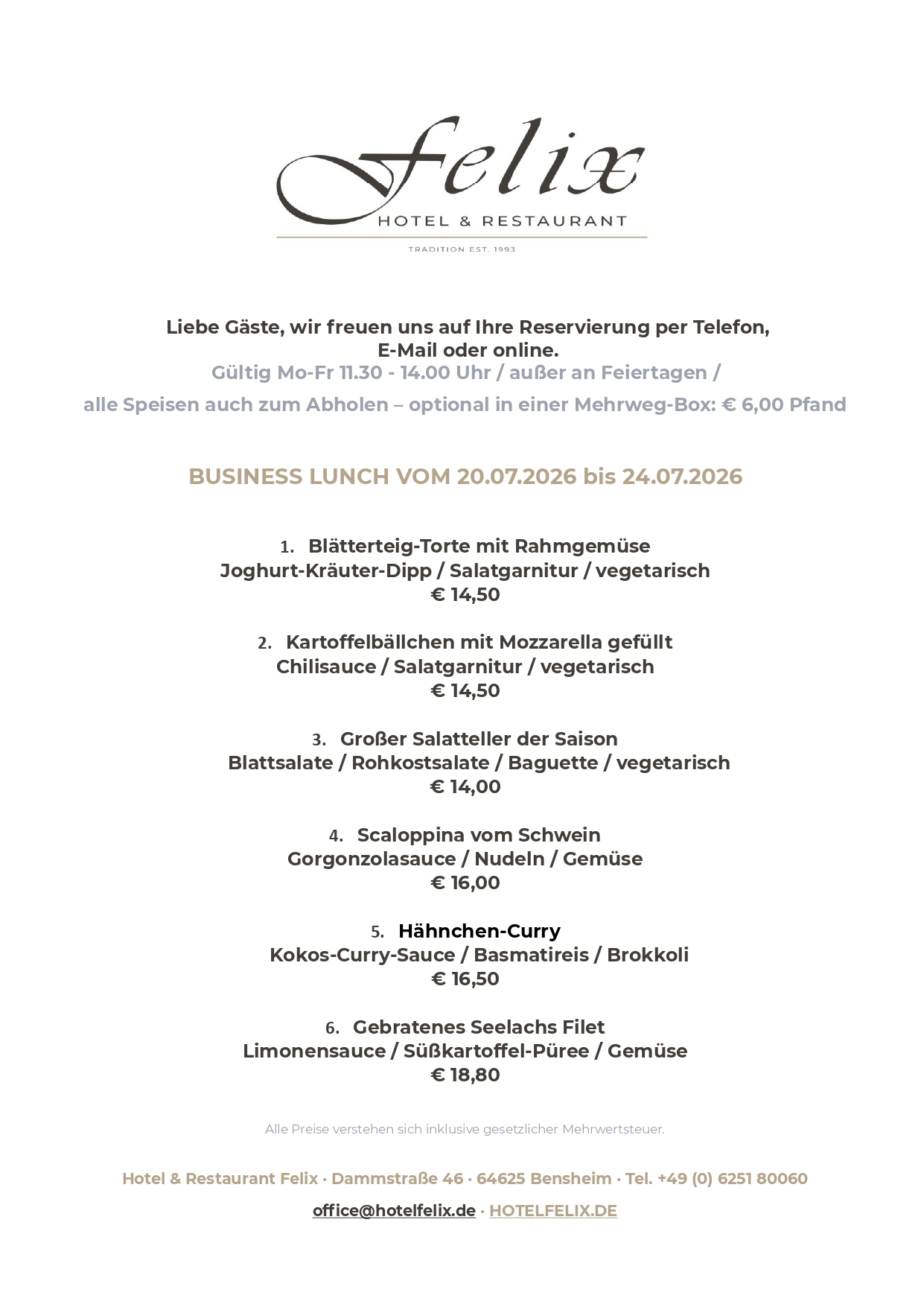 hotel felix restaurant bensheim business lunch mittagstisch speisekarte