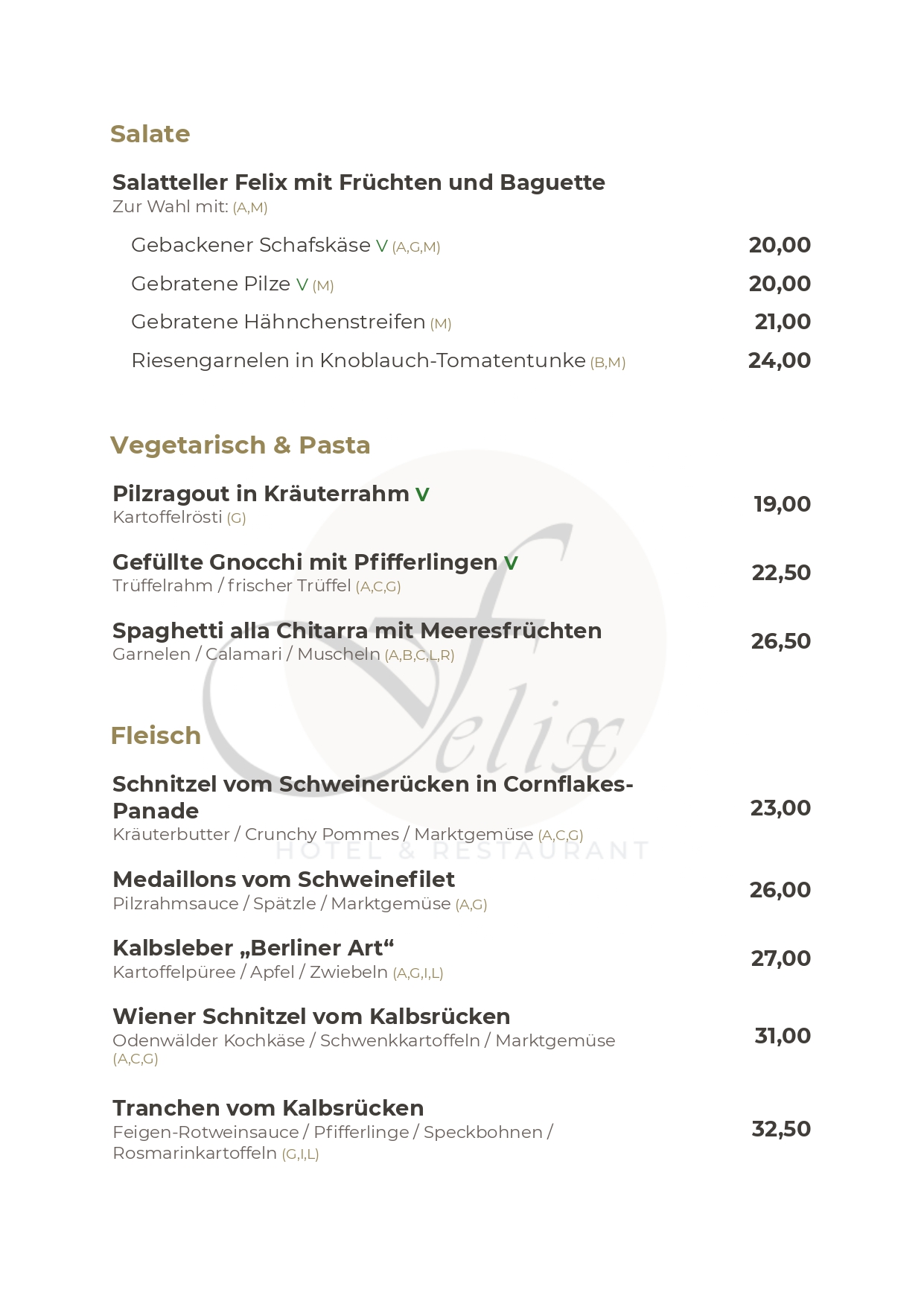 Hotel Restaurant Felix Bensheim speisekarte mittagstisch abendessen