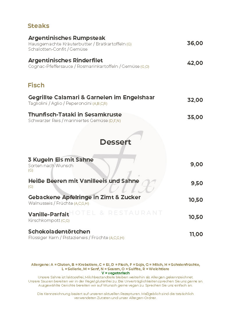 Hotel Restaurant Felix Bensheim speisekarte mittagstisch abendessen