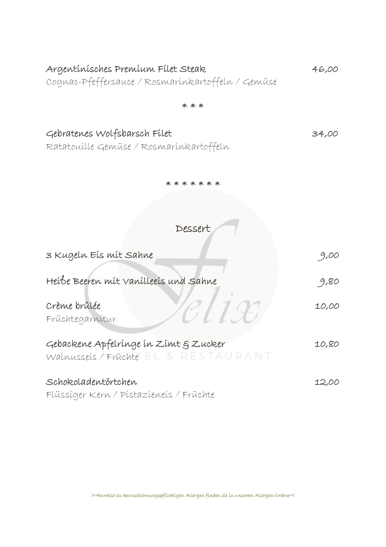 Hotel Restaurant Felix Bensheim speisekarte mittagstisch abendessen