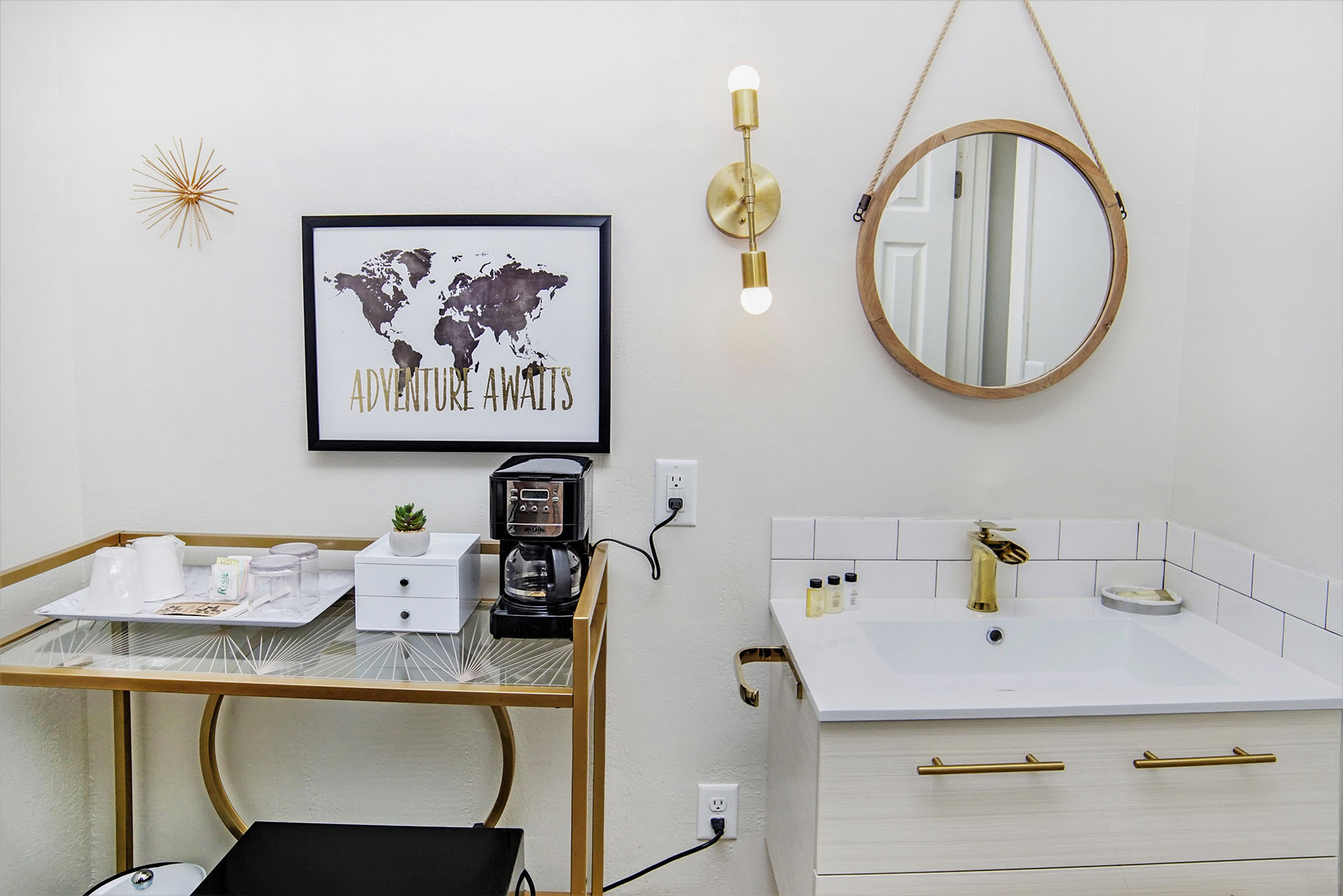 Coffee bar and vanity in luxury Michigan hotel suite