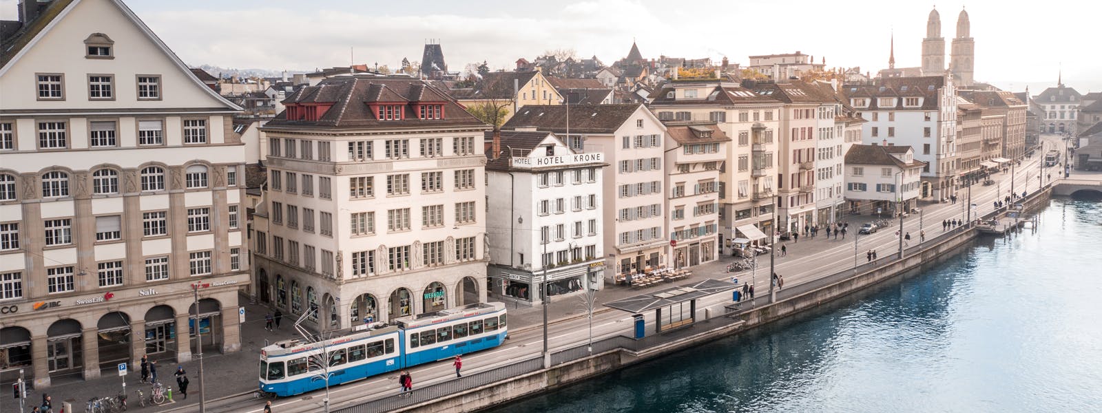 KRONE Zürich Pop Up Hotel Outside view left with tram passing 1600x600