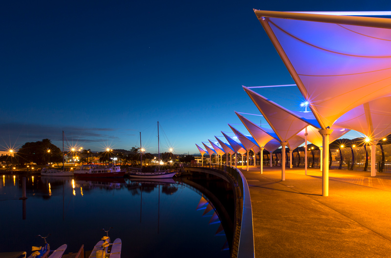 Town Basin walkway at night