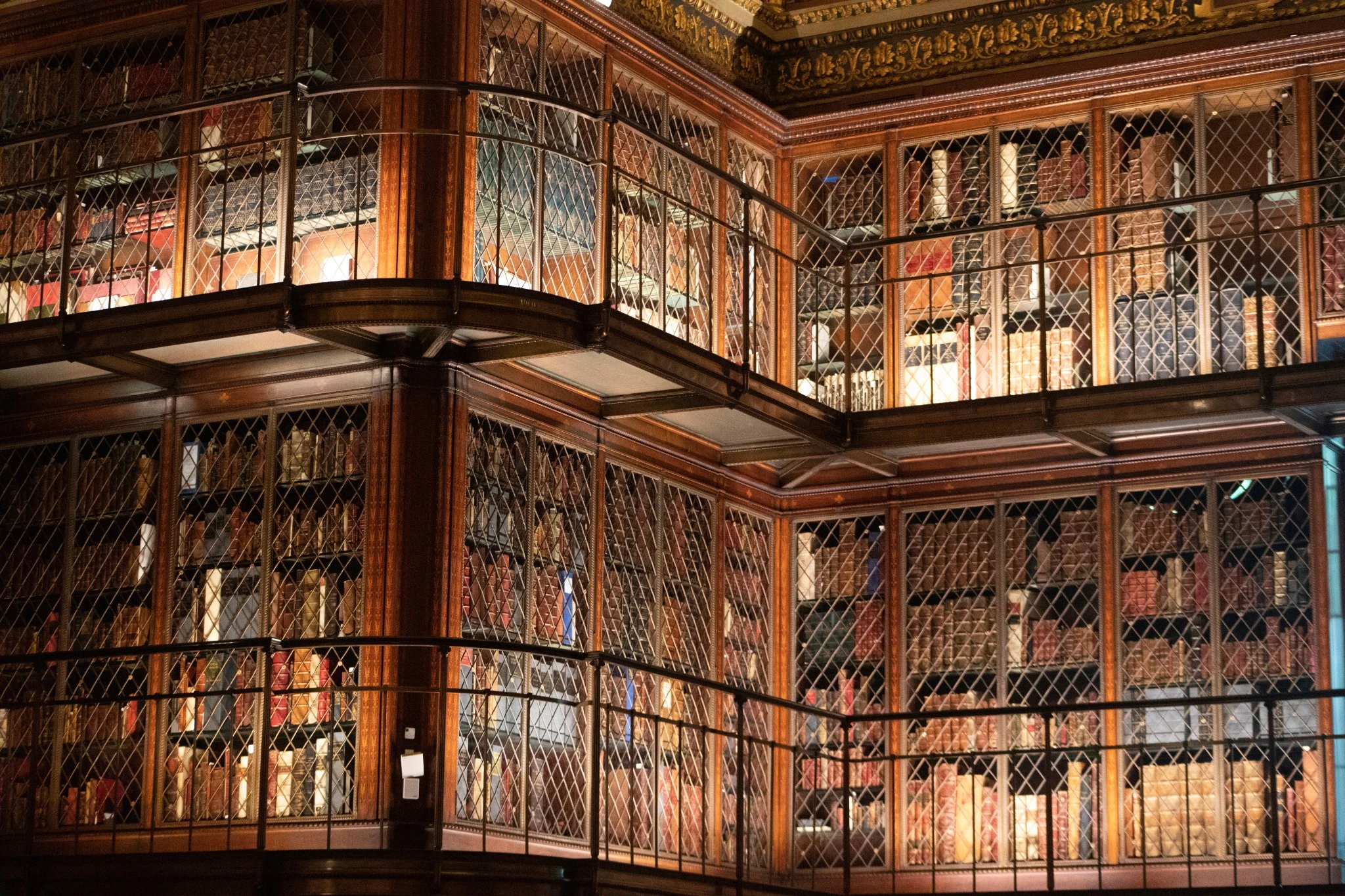 Historic book cases inside The Morgan Library & Museum.