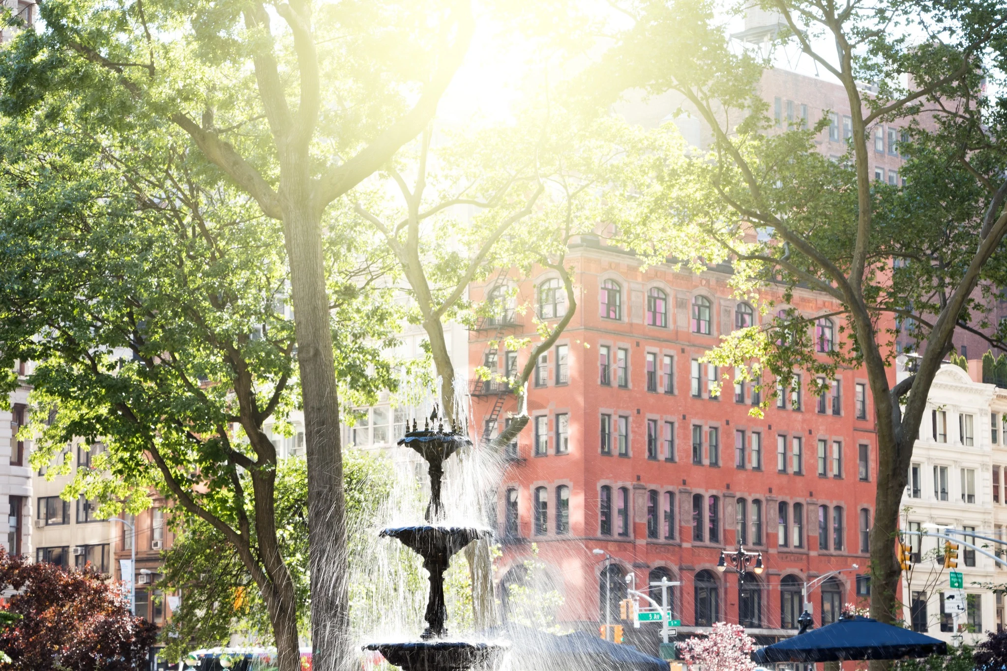 Fountain on a summer day at Madison Square park in Mid town Manhattan.