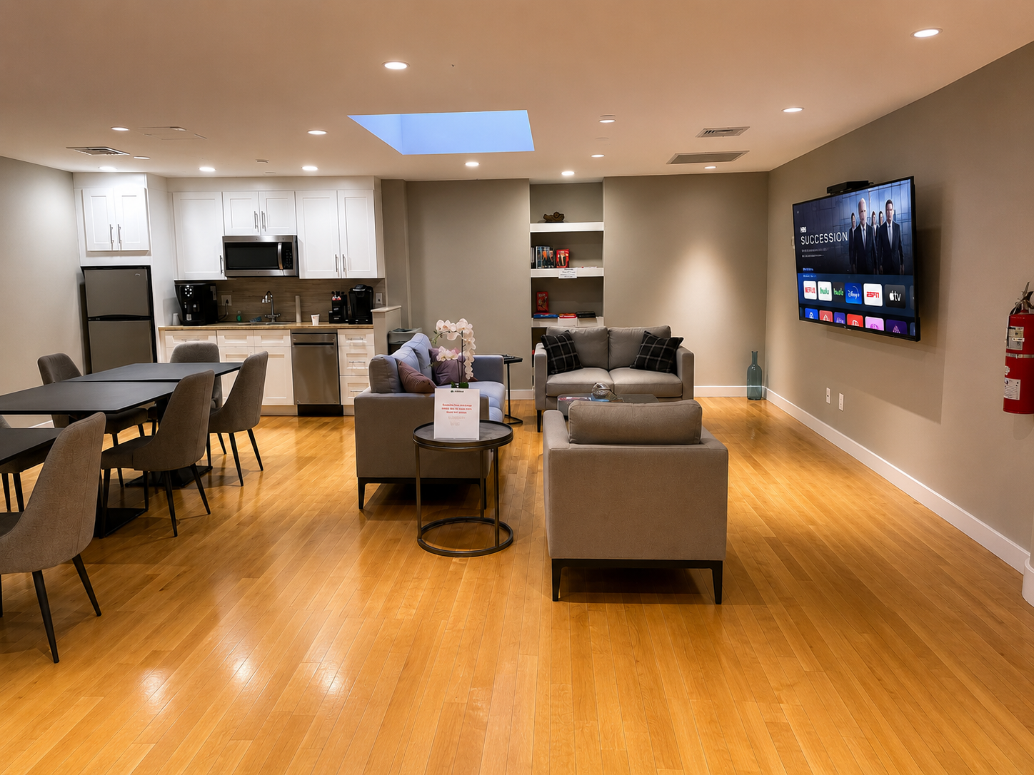 A wide view of a hotel lobby with a kitchenette, seating area, and dining table.