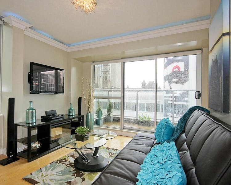 Yonge Suites Split Level 2 Bedroom Suite Penthouse E Living Room and Terrace