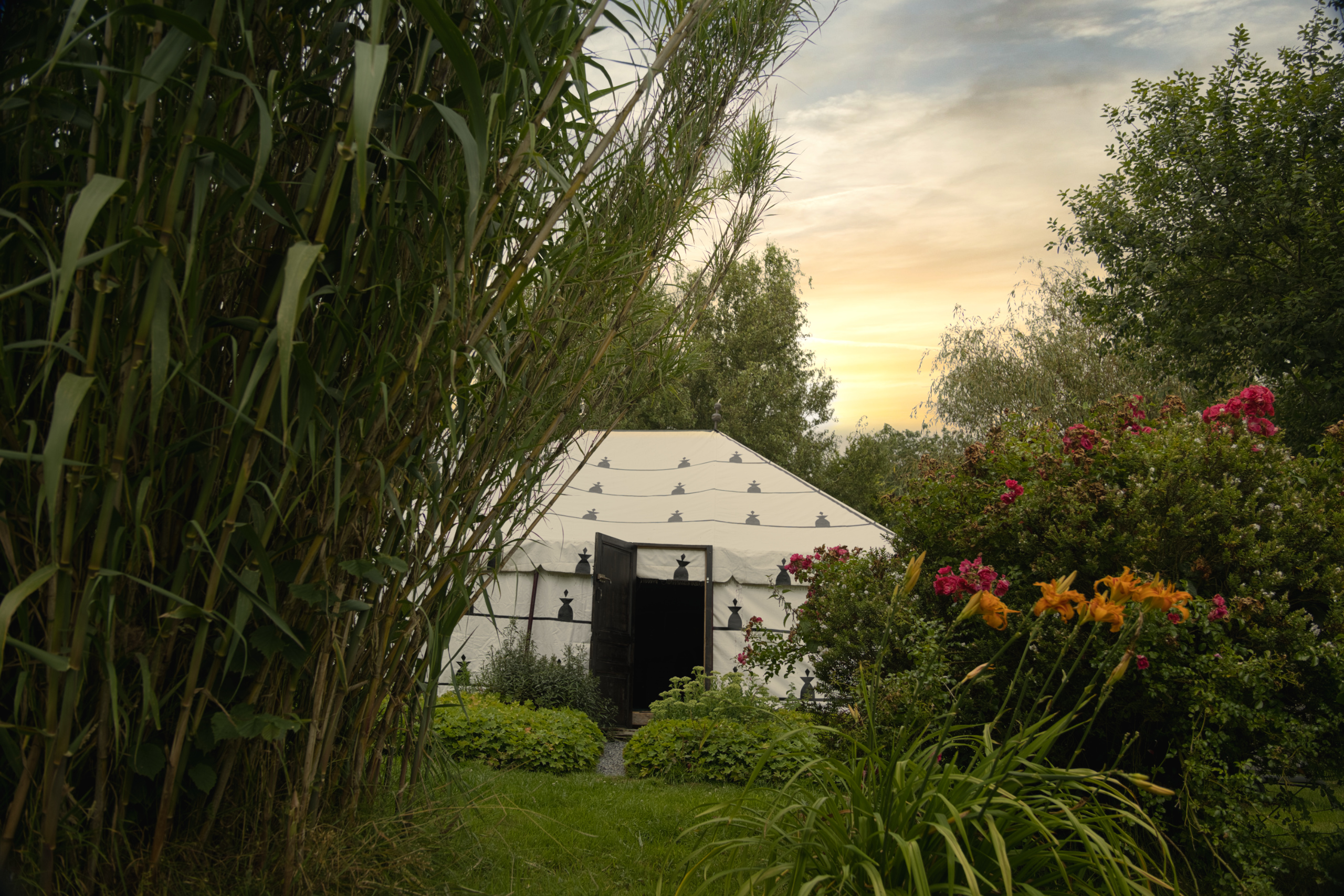 Au-Bonheur-Nomade - vue intérieure de la tente caïdale Marocaine. Coucher de soleil à travers les arbres, les fleurs