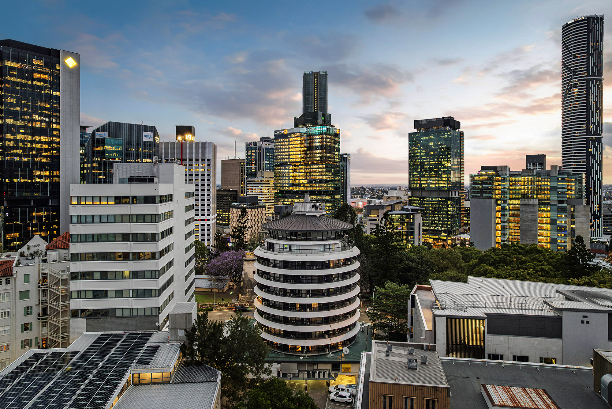 Tower Mill Hotel with the Brisbane city skyline