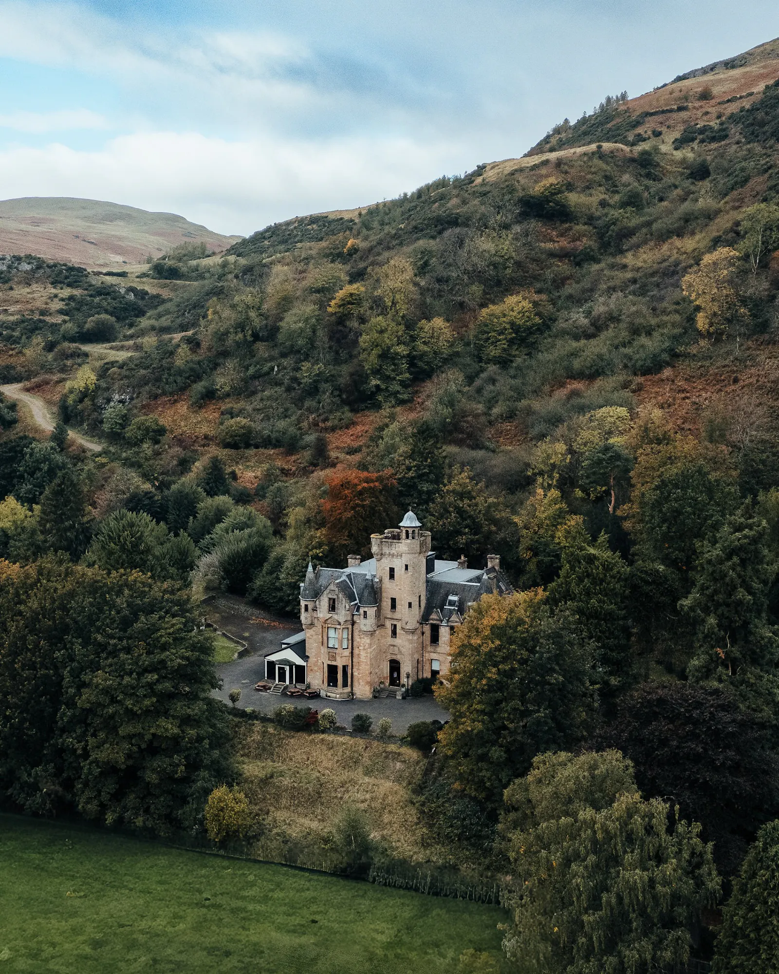 Broomhall Castle exterior beneath the Ochil Hills near Stirling