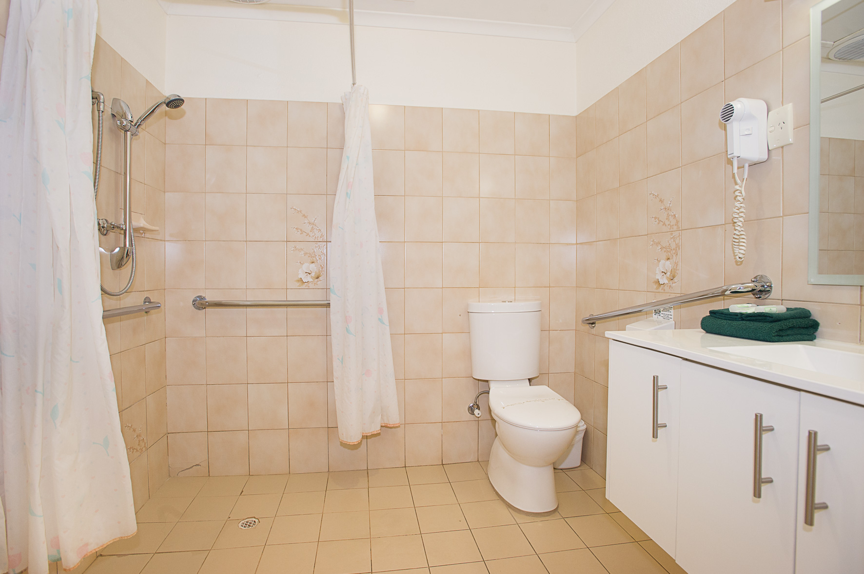 Spacious accessible bathroom, roll-in shower, grab bars.