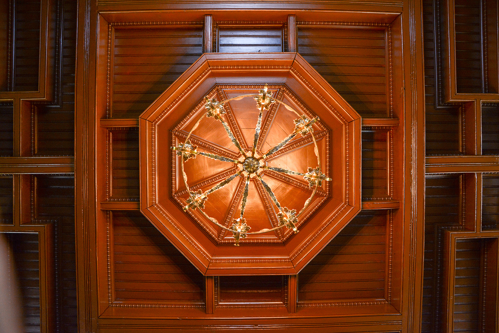 Ceiling of Tower Room with chandelier seen from directly below.