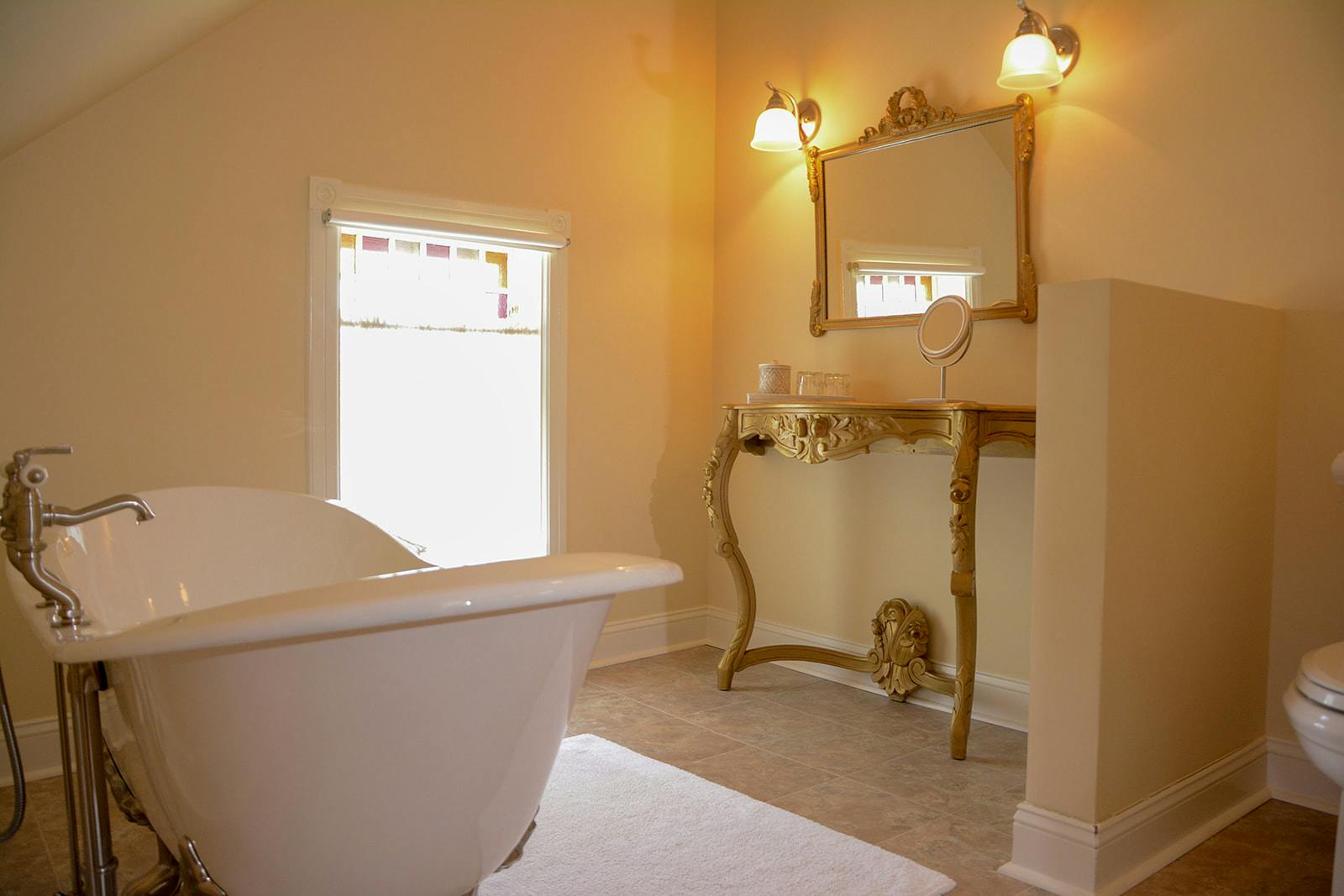 Slipper tub in the bathroom of the Rapunzel suite.