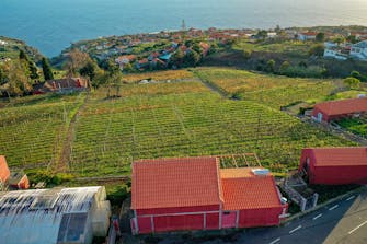 Aerial view of the Restaurant and vineyard with the sea beyond, Quinta das Vinhas, Madeira Island